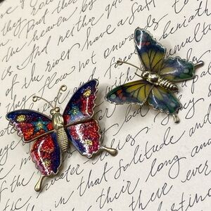 Vintage Enameled Butterfly Brooch Set